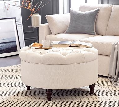 Storage Ottoman Cream Button Tufted with Turned Espresso Legs