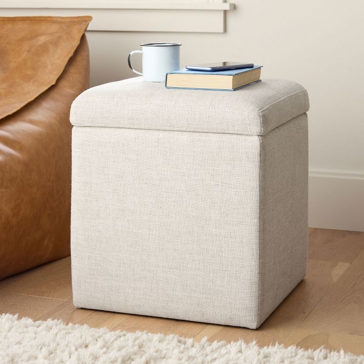 Storage Ottoman, Cream Linen-Like Cube Side Table