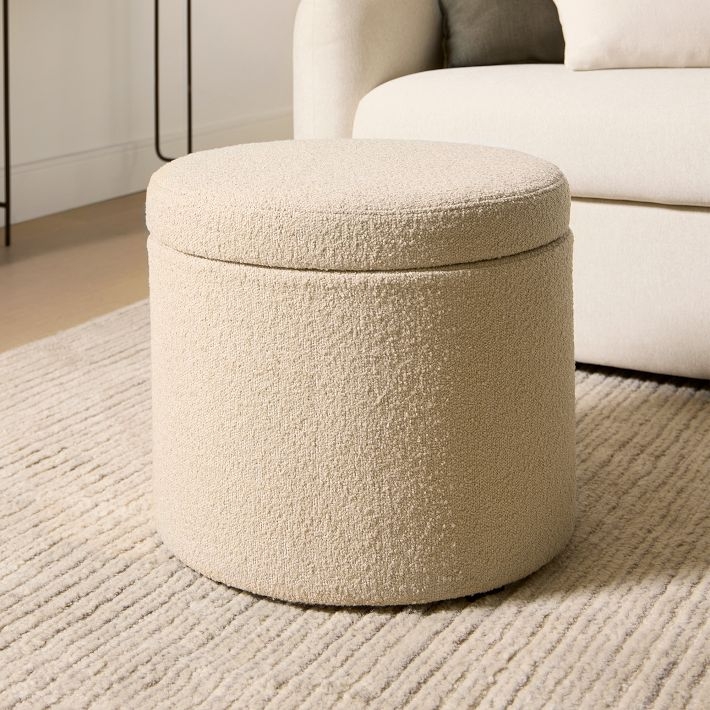 Storage Ottoman Cream Round Boucle Modern Minimalist Textured Pouf