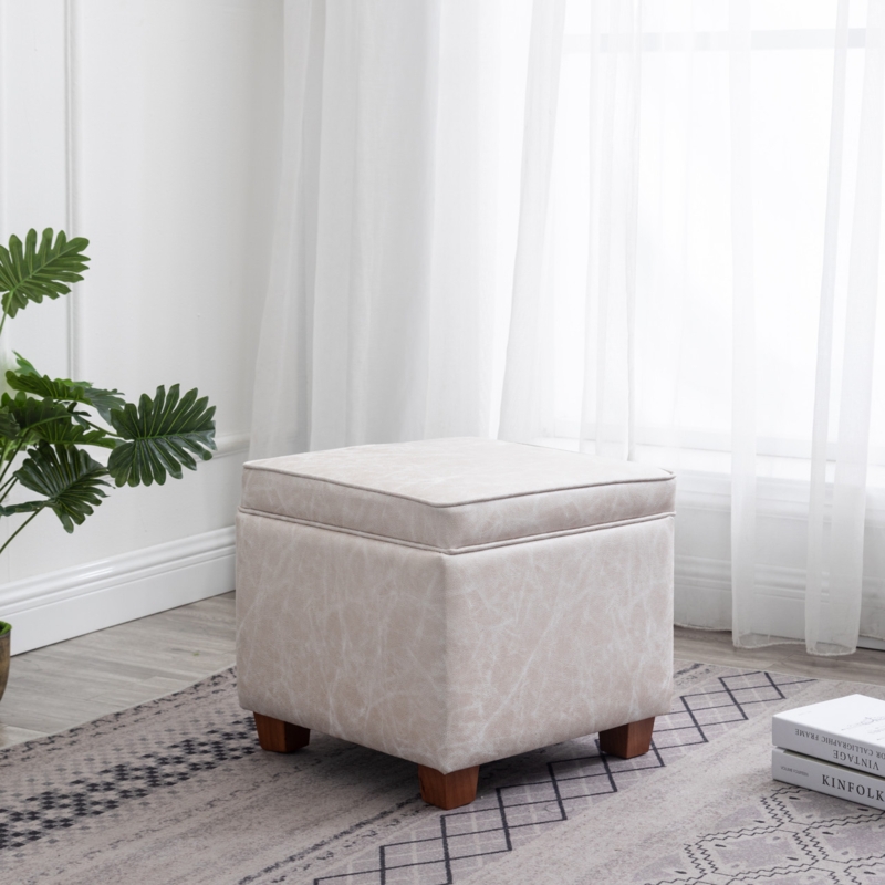 Storage Ottoman, Cream Stone Pattern Square with Piped Lid
