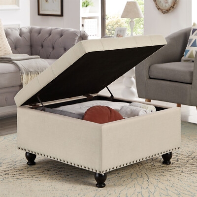 Storage Ottoman, Cream Tufted Lid Square with Nailhead Trim