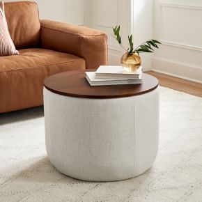 Storage Ottoman Cylindrical Off White Walnut Wood Lid Modern Table