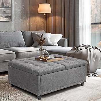 Storage Ottoman, Dark Grey Tufted Split-Top Coffee Table