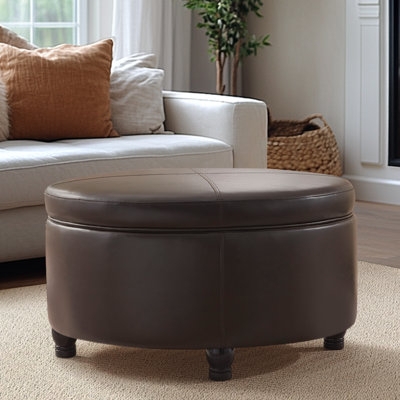Storage Ottoman Espresso Leather Like Button Tufted Round Tapered Legs