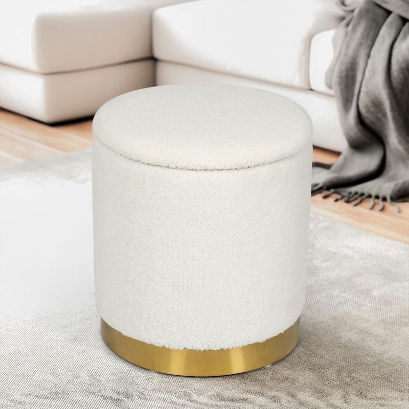 Storage Ottoman Gold Plated Base White Velvet Round