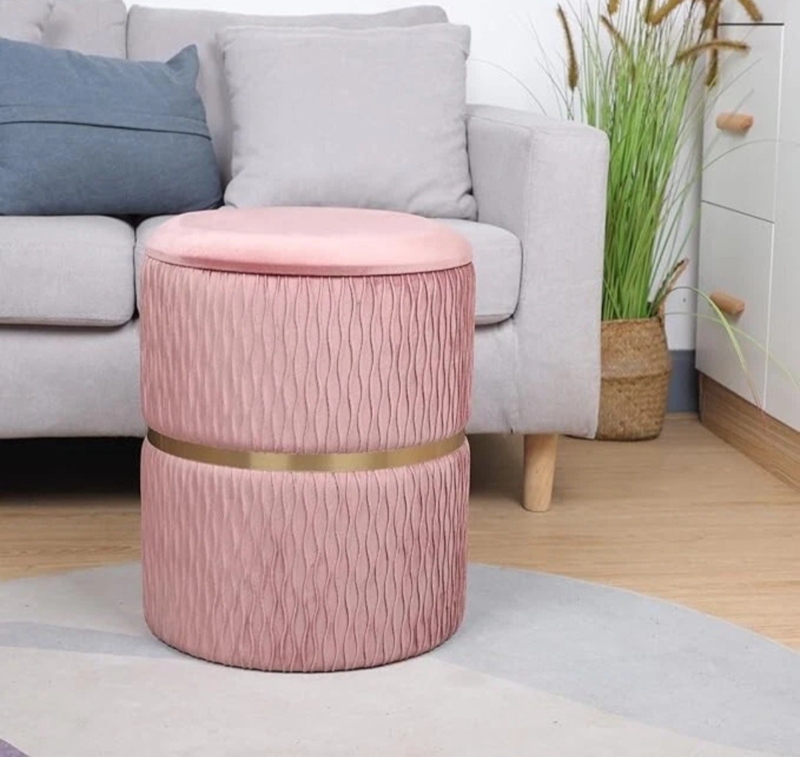 Storage Ottoman Gold Waist Band Wavy Pleated Texture Round Footstool