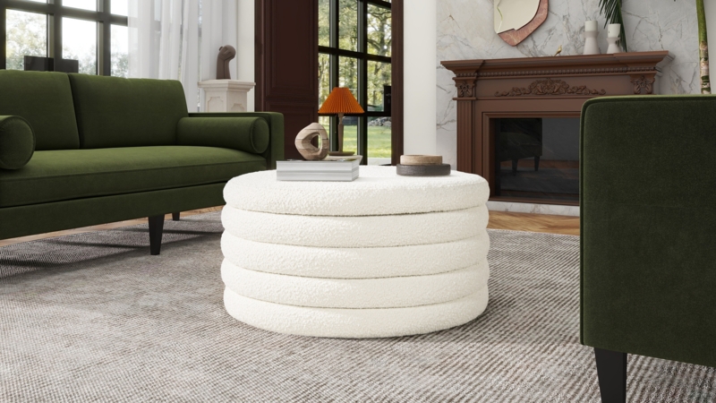 Storage Ottoman, Ivory Boucle Round with Removable Lid and Gold Base