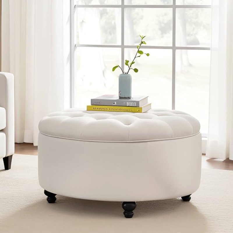 Storage Ottoman Ivory Round Button Tufted Top Coffee Table