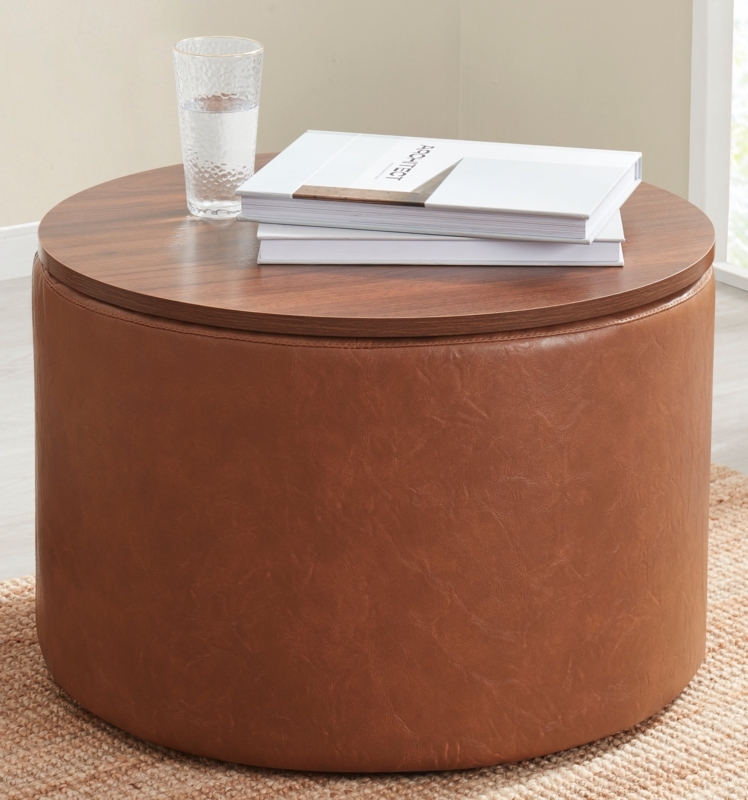 Storage Ottoman Large Round Mocha Button Tufted Lift Off Lid