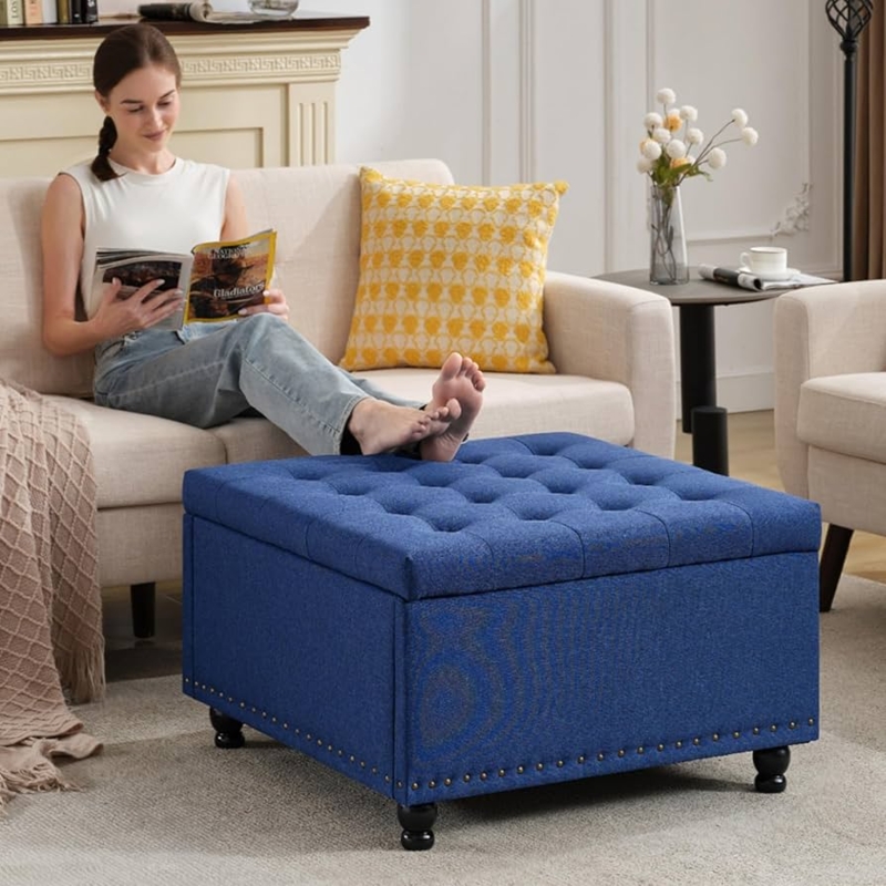 Storage Ottoman Large Square Navy Tufted Nailhead Trim Footrest
