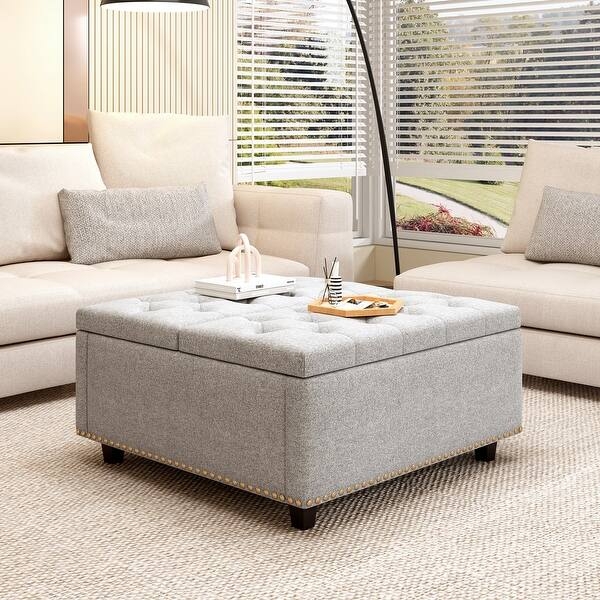 Storage Ottoman, Light Grey Tufted Square Cocktail Footstool