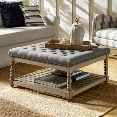 Storage Ottoman Lower Shelf Square Silhouette Cream Tufted Top