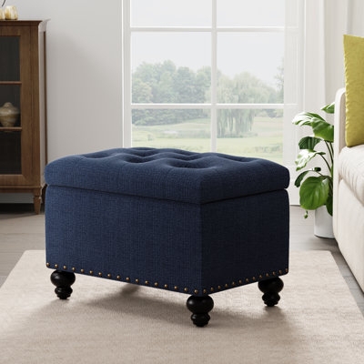 Storage Ottoman Navy Blue Button Tufted Rectangular Block Feet Classic