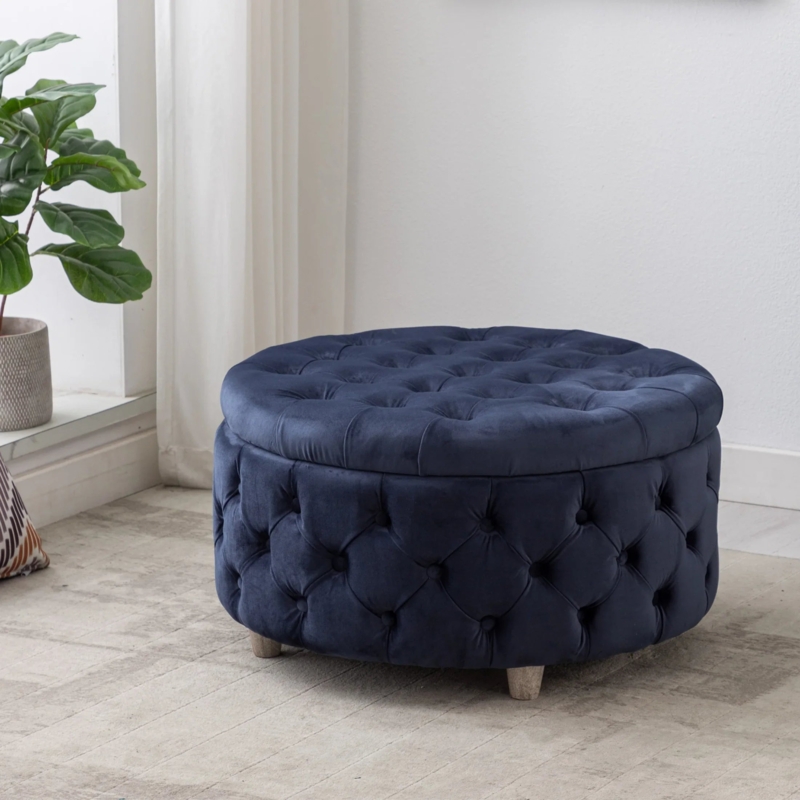 Storage Ottoman Navy Blue Velvet Round All-Over Button Tufted