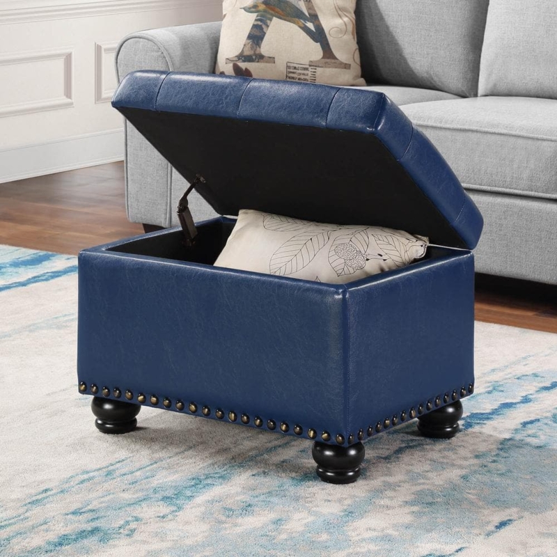 Storage Ottoman Navy Faux Leather Nailhead Trim Bun Feet