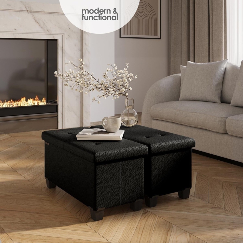 Storage Ottoman Pebbled Black Folding Faux Leather Bench