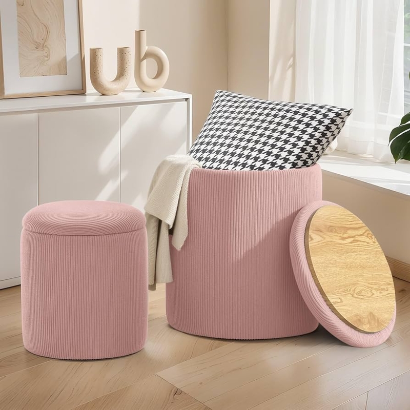 Storage Ottoman Pink Corduroy Ribbed Surface Set