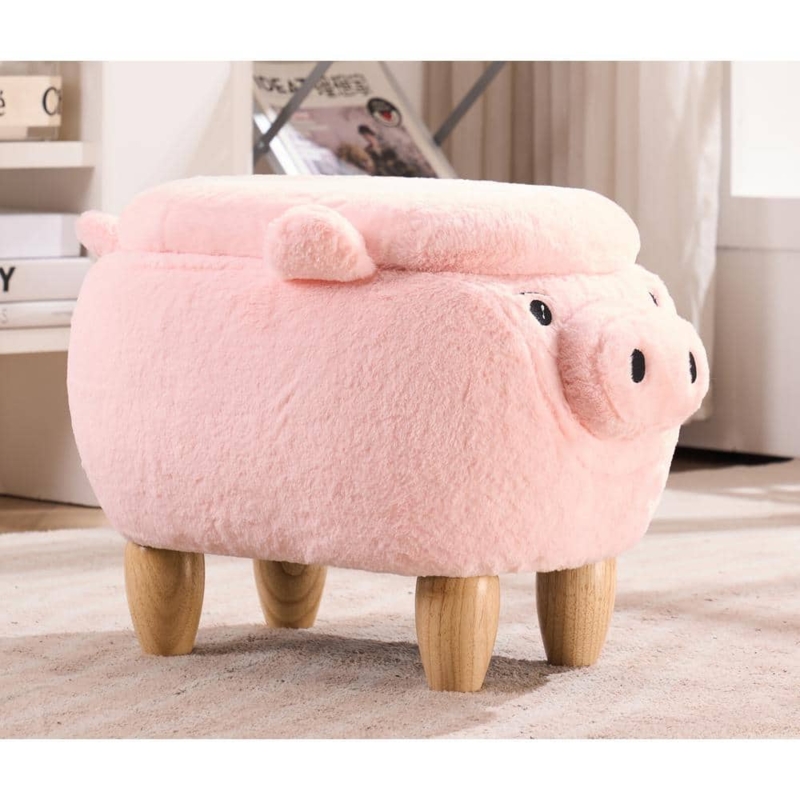 Storage Ottoman Pink Plush Pig Shape for Nursery with Wood Legs