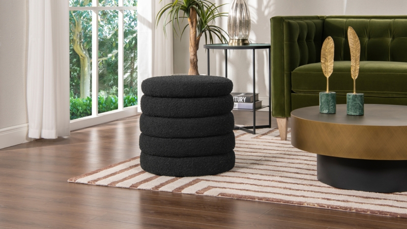Storage Ottoman Round Black Boucle Tiered Sculptural Design