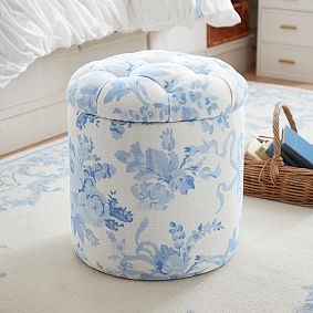 Storage Ottoman Round Blue Floral Toile Pattern Tufted Lid