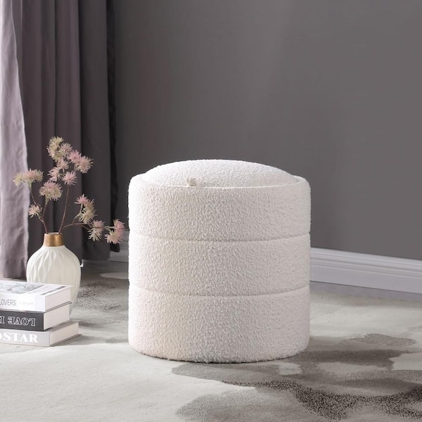 Storage Ottoman Round Boucle Block Feet Hidden Compartment Cozy