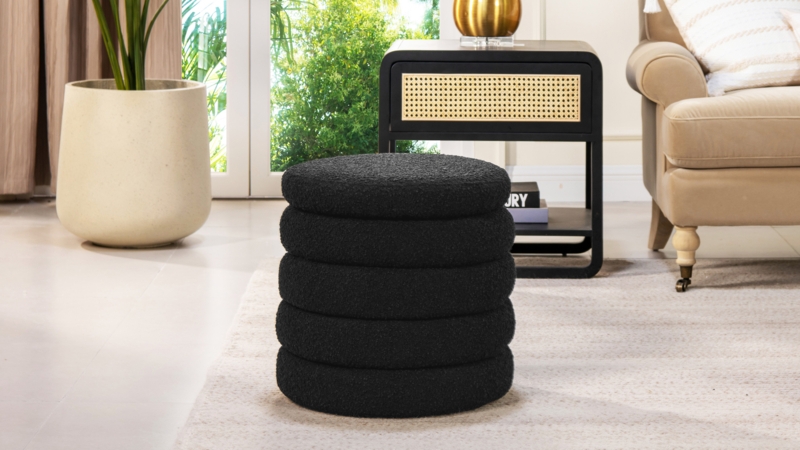 Storage Ottoman Round Boucle Stacked Ring Design