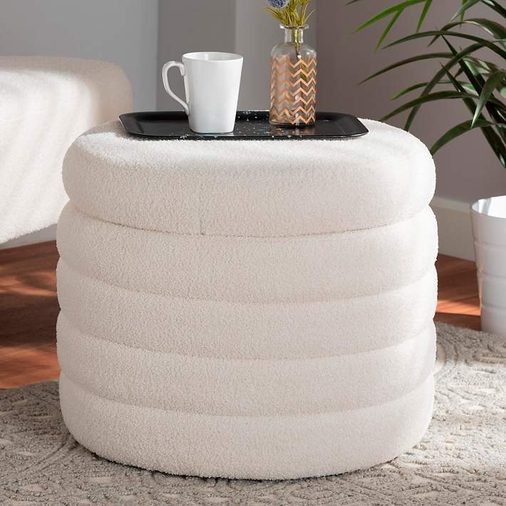 Storage Ottoman Round Boucle Texture Removable Lid Modern
