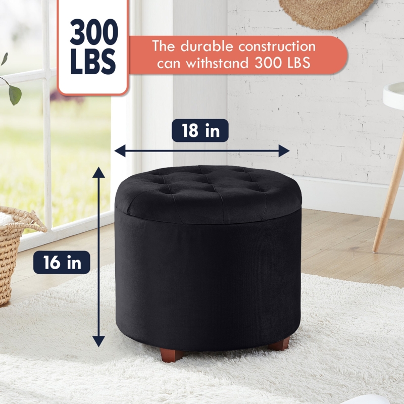 Storage Ottoman Round Button Tufted Wood Feet Velvet