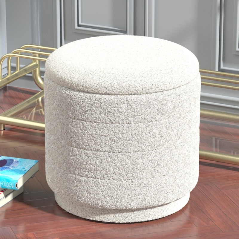 Storage Ottoman Round Cream Boucle Recessed Base Textured Pouf