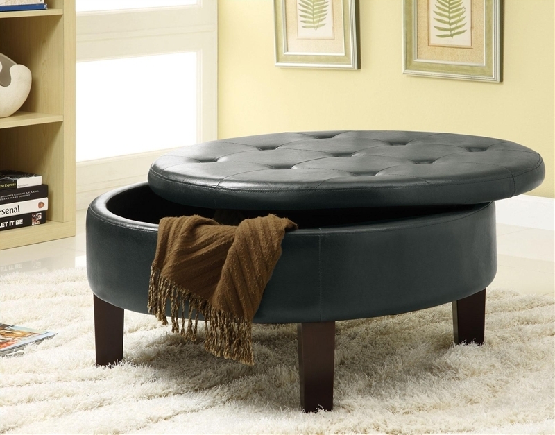 Storage Ottoman Round Dark Brown Leather-Like Button Tufted