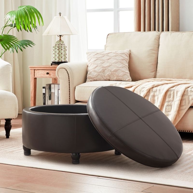 Storage Ottoman Round Dark Espresso Faux Leather Stitched Lid