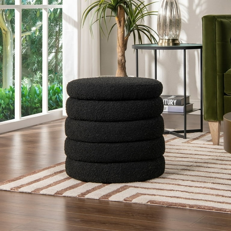 Storage Ottoman Round Ebony Boucle Stacked Silhouette
