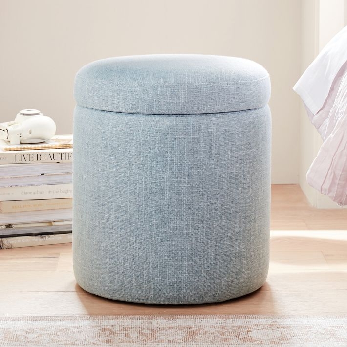 Storage Ottoman Round Light Blue Linen Look Hidden Storage Footstool