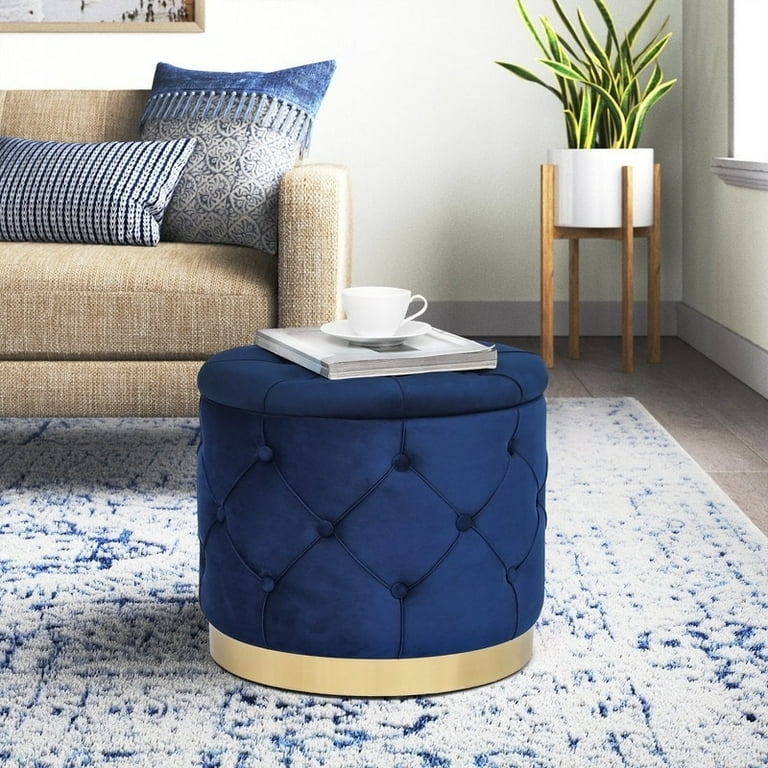 Storage Ottoman Round Navy Blue Velvet Tufted Gold Base Ring