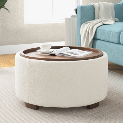 Storage Ottoman Round Silhouette with Dark Brown Wood Feet & Tray Top