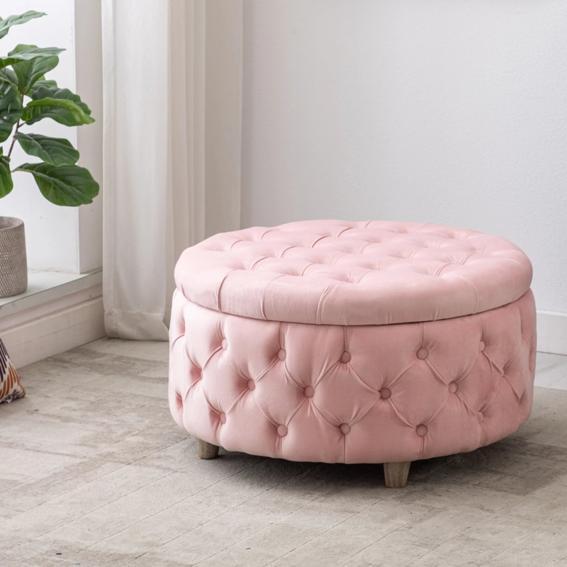Storage Ottoman Round Tufted Velvet with Tapered Wood Legs