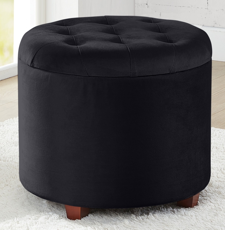 Storage Ottoman Round Velvet Button Tufted with Tapered Legs