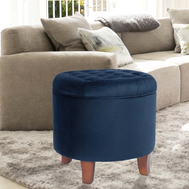 Storage Ottoman Round Velvet Button Tufted with Wood Legs