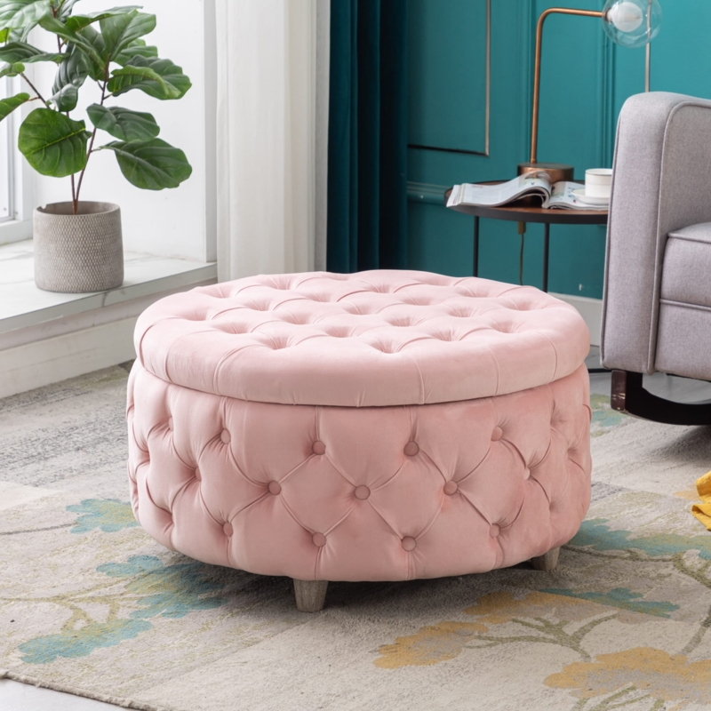 Storage Ottoman Round Velvet with All-Over Diamond Button Tufting