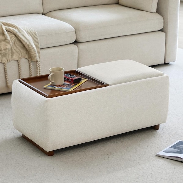 Storage Ottoman Round White Linen-Like Fabric with Tapered Legs