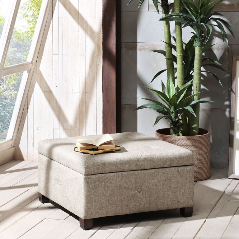 Storage Ottoman, Sand Linen-Like Square with Dark Wood Legs