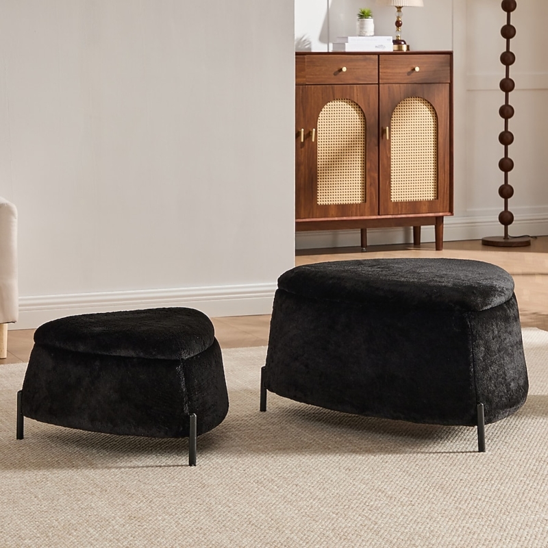 Storage Ottoman Set Abstract Shaggy Faux Fur with Metal Legs