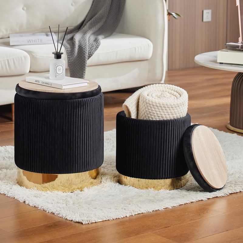 Storage Ottoman Set Black Ribbed Velvet with Gold Base