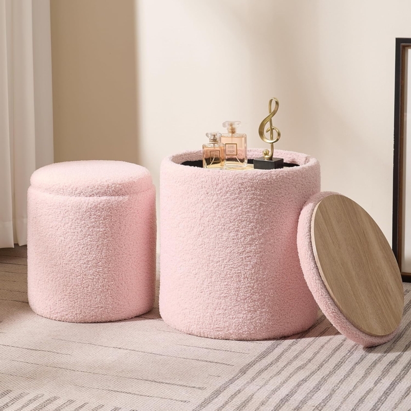 Storage Ottoman Set Boucle Round with Reversible Wood Tray Lid