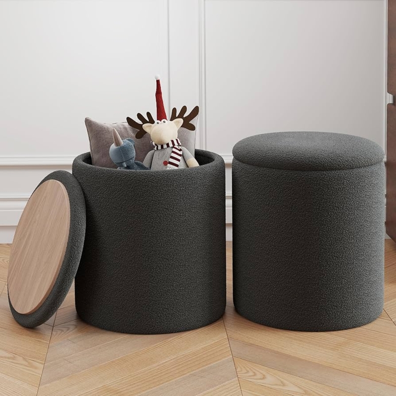 Storage Ottoman Set Charcoal Bouclé with Reversible Tray Lid