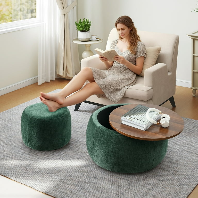 Storage Ottoman Set Forest Green Chenille Wood Top Round Nesting