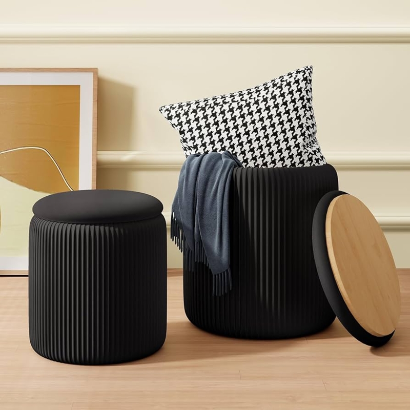 Storage Ottoman Set of 2 Ribbed Velvet Dual-Purpose Lid