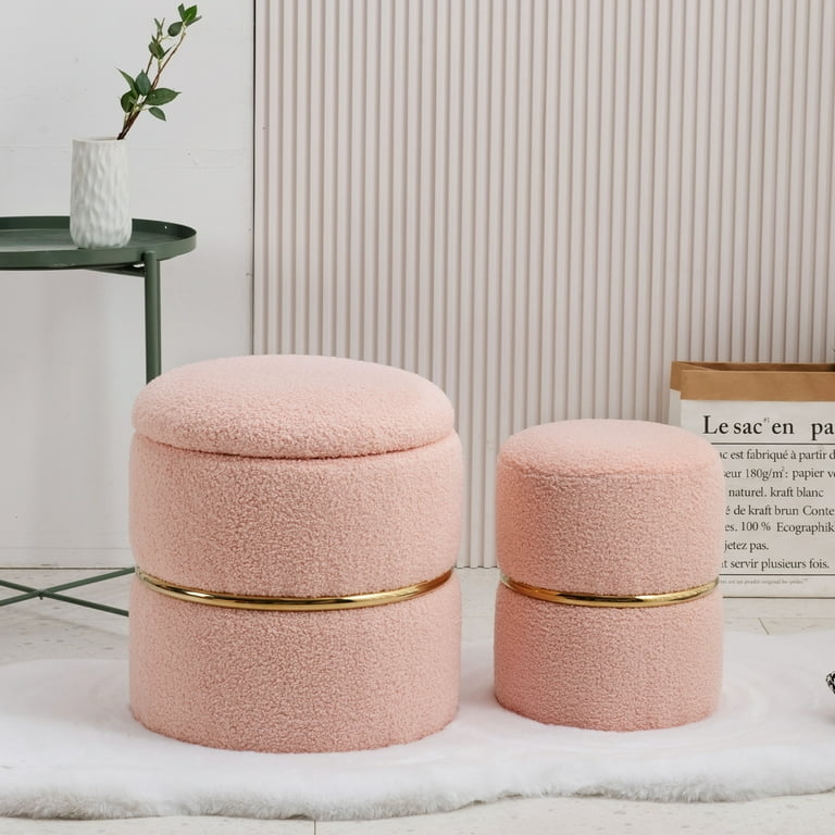 Storage Ottoman Set Round Pink Sherpa with Gold Middle Band Accent