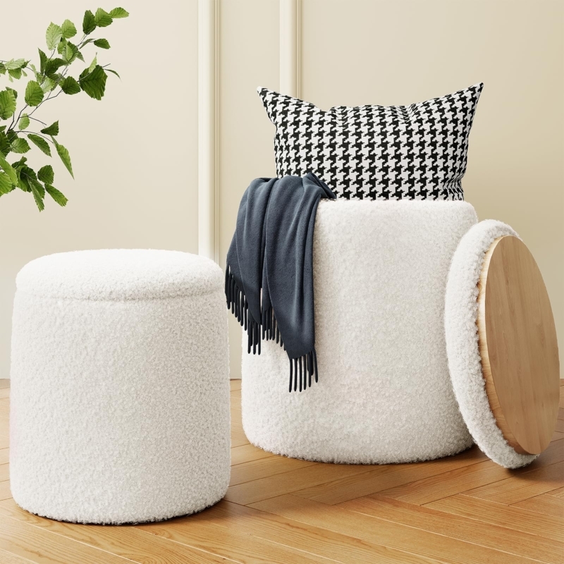 Storage Ottoman Set White Boucle Texture Wood Lined Lid Round