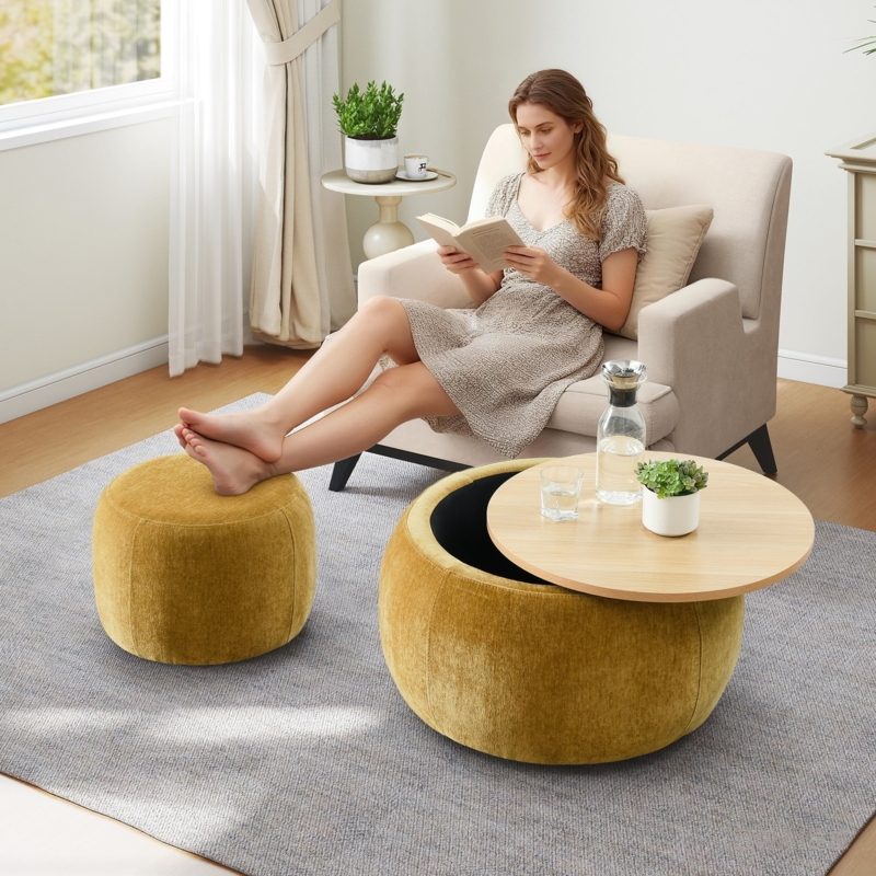 Storage Ottoman Set Yellow Chenille, Round with Wood Topped Lid